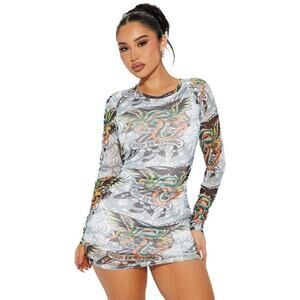Ed Hardy Womens Y2K Designer Dragon Wings Mesh Mini Dress Large New